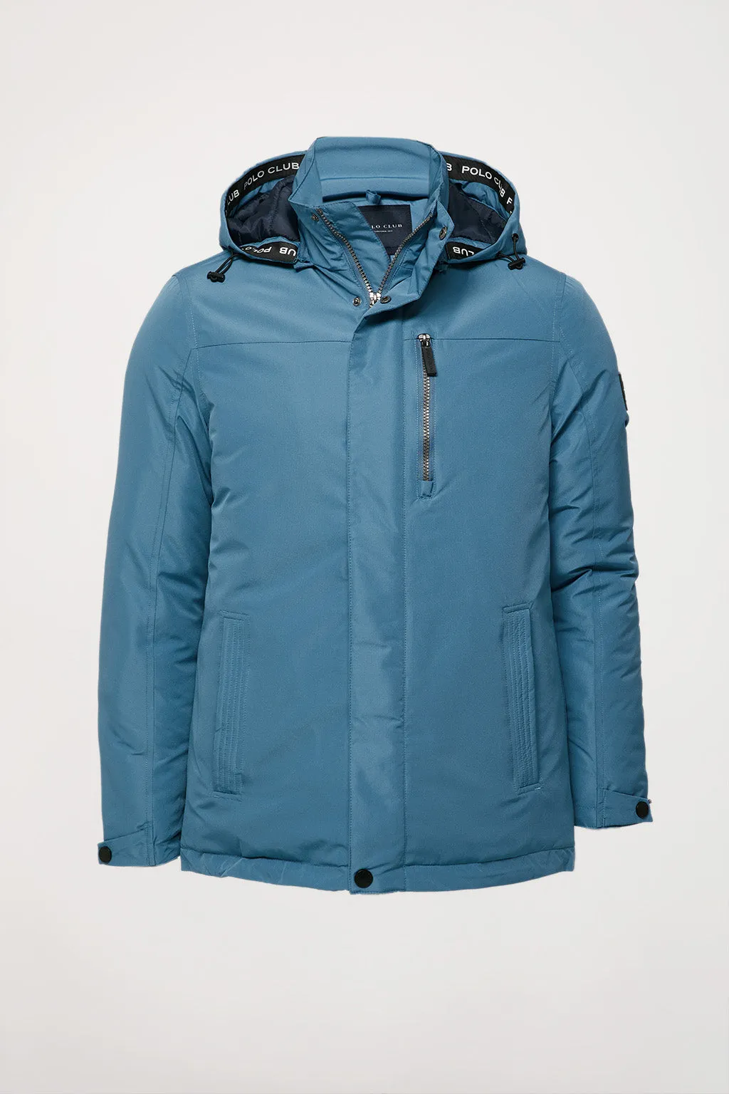 Parka azul petróleo apres ski con capucha y cuello elevado