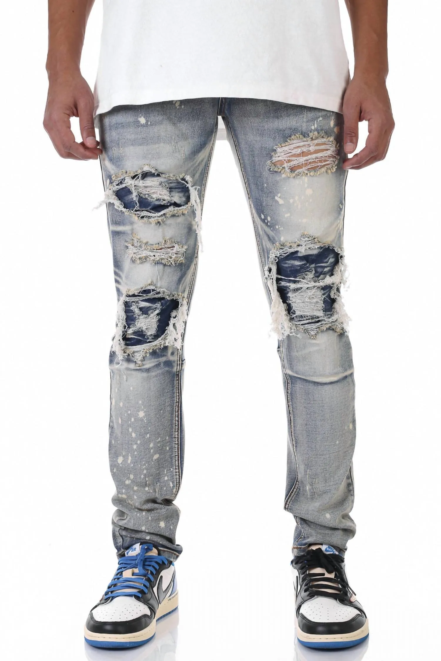 Patched Ripped Jeans In Vintage Medium Blue