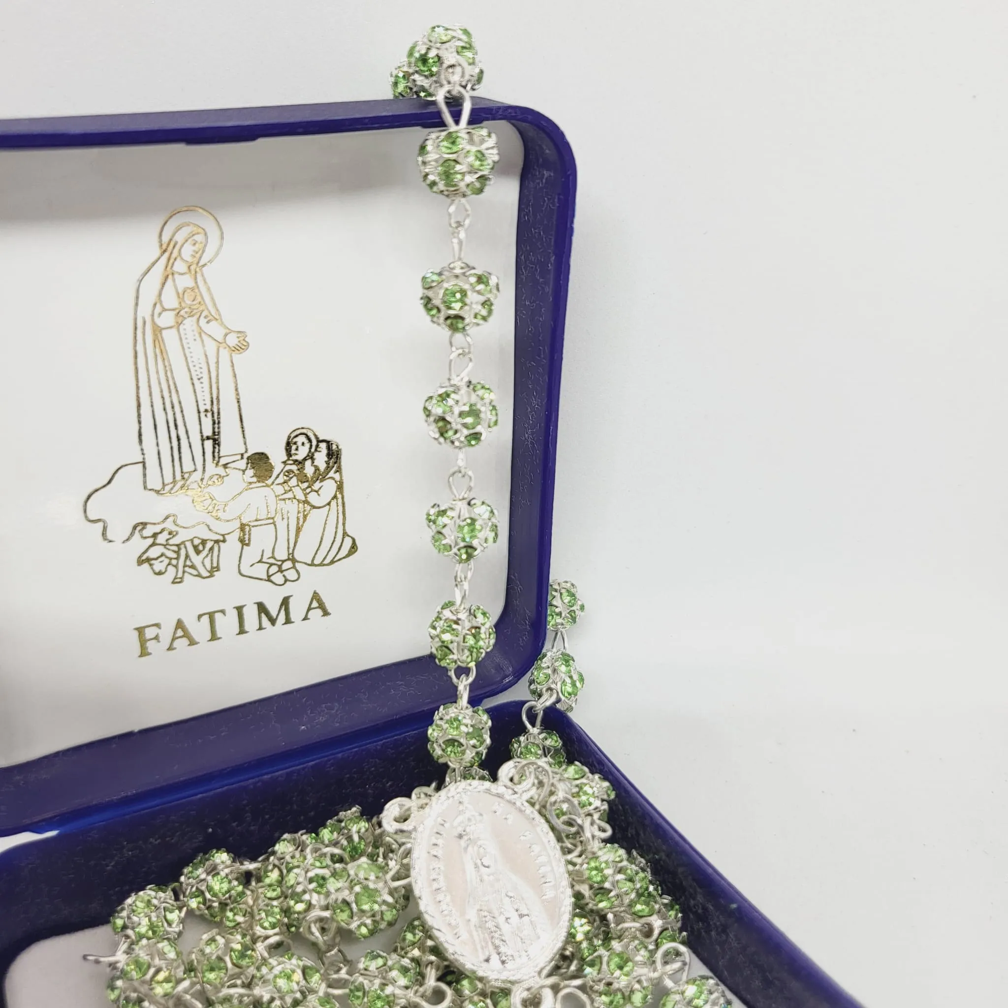 Premium Silver Medal of Fatima Rosary - Green