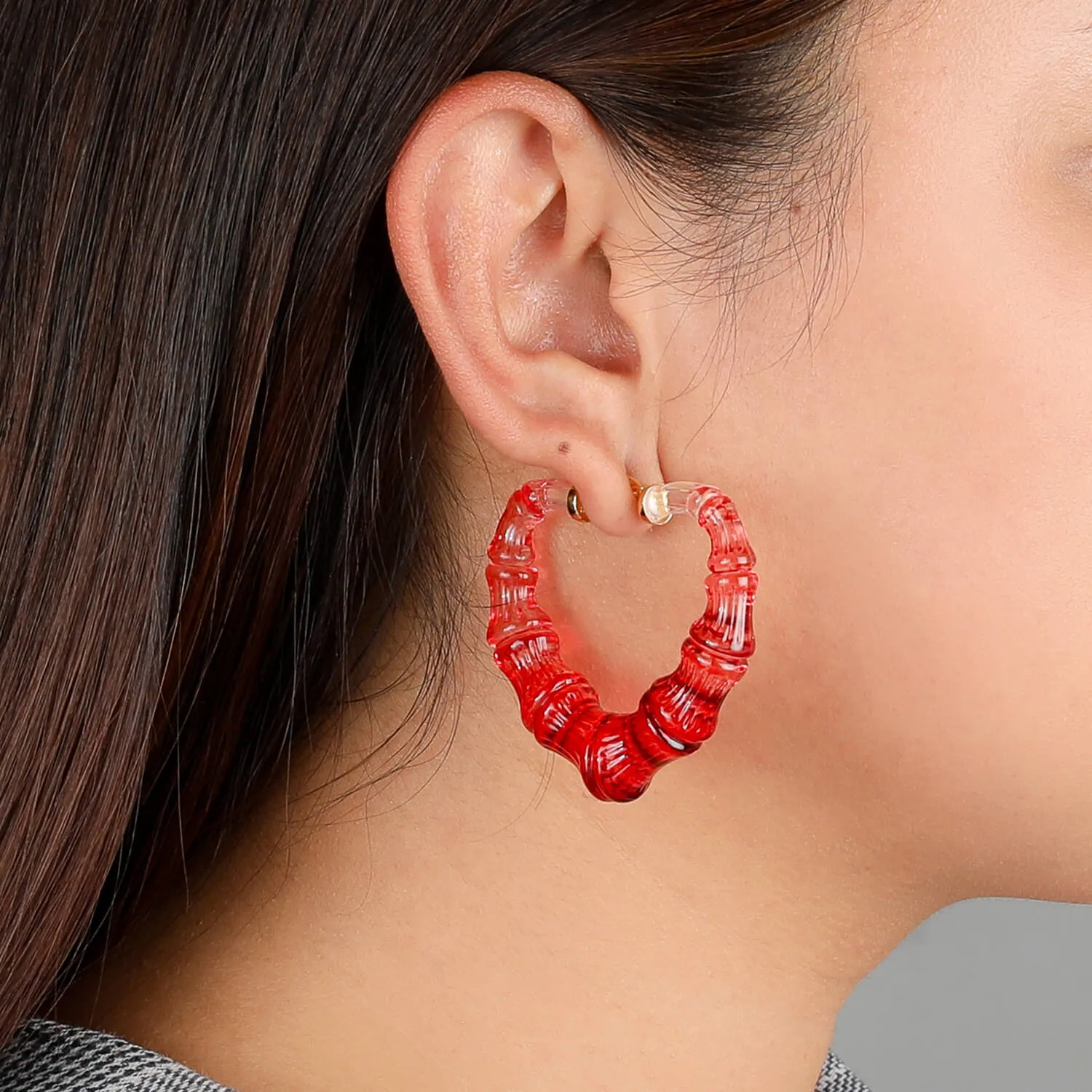 Red Lucite Heart Bamboo Hoop Earrings