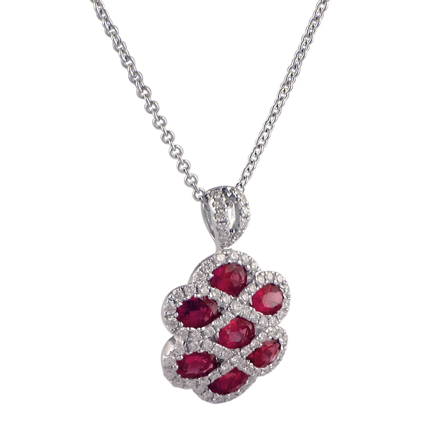 Ruby & Diamond Criss Cross Pendant Necklace 18K White Gold