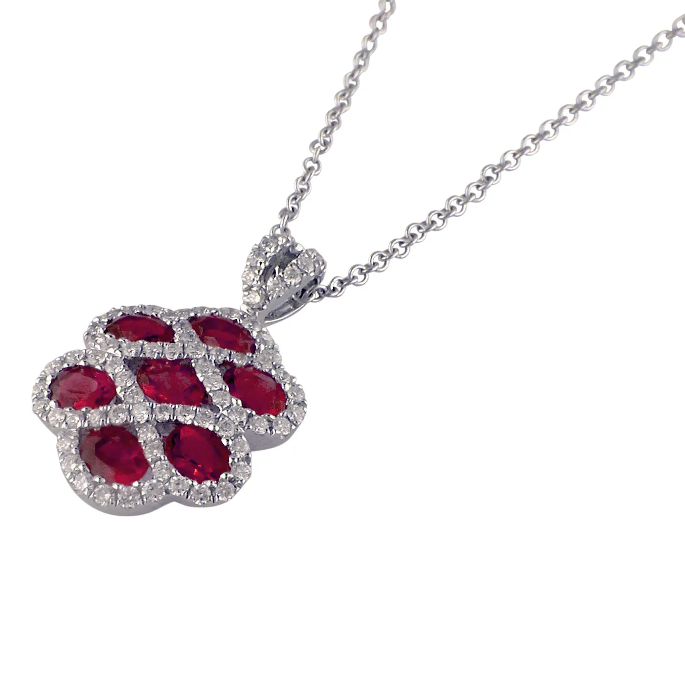 Ruby & Diamond Criss Cross Pendant Necklace 18K White Gold