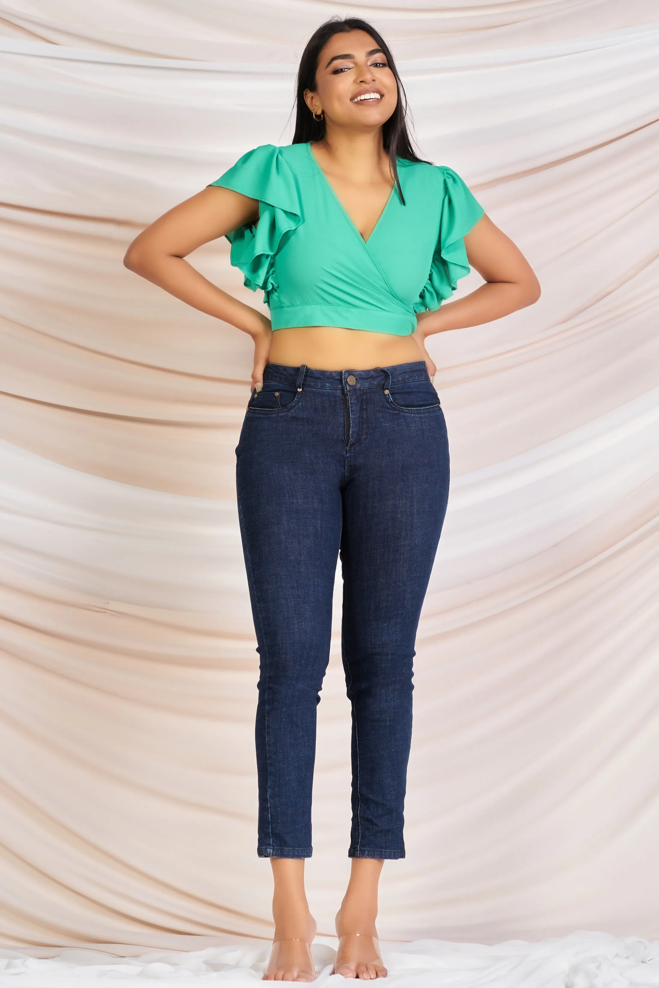 Ruffle Sleeve Green Crop Top - Slim Fit