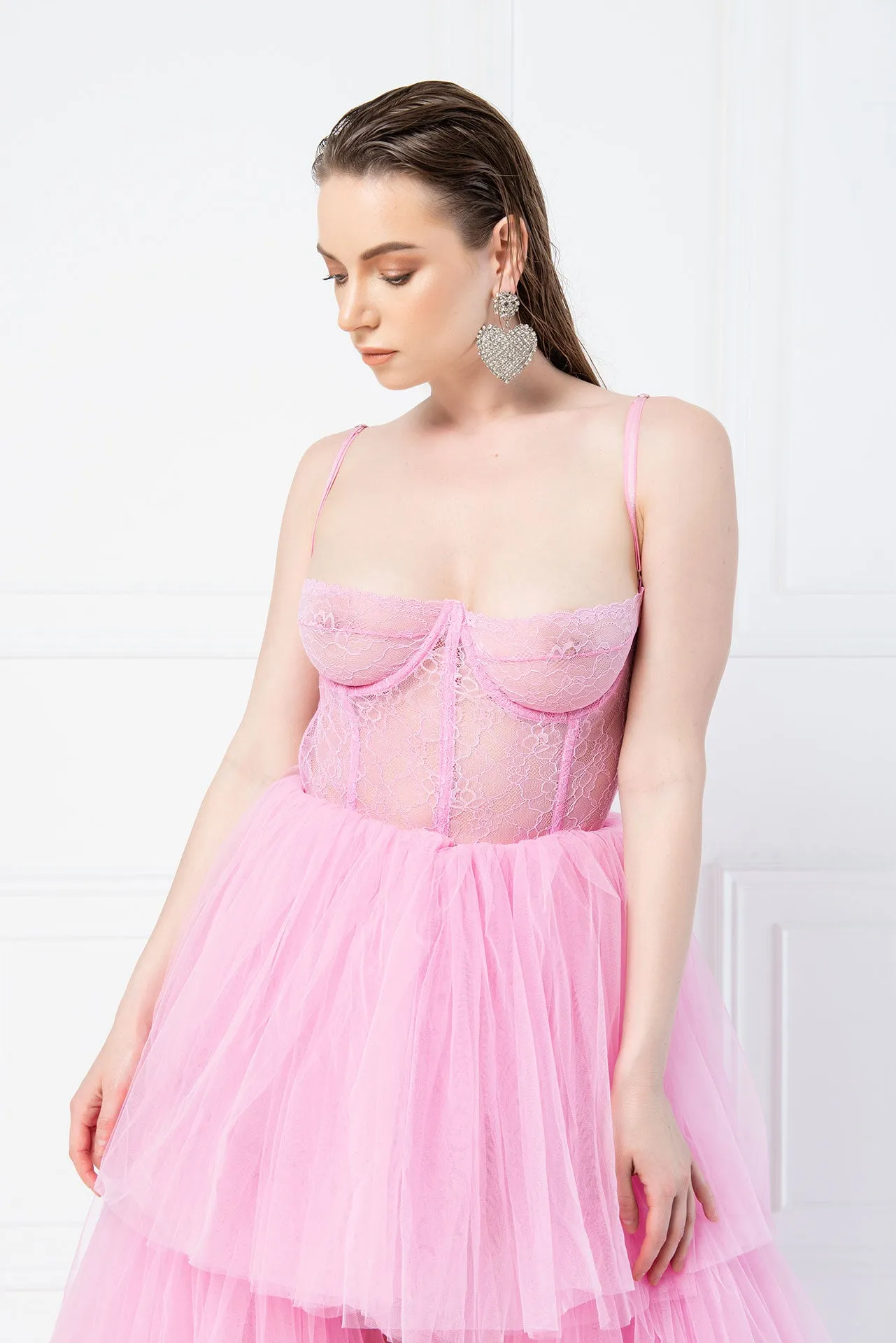 Sheer Lace Boned Bustier - Bubblegum