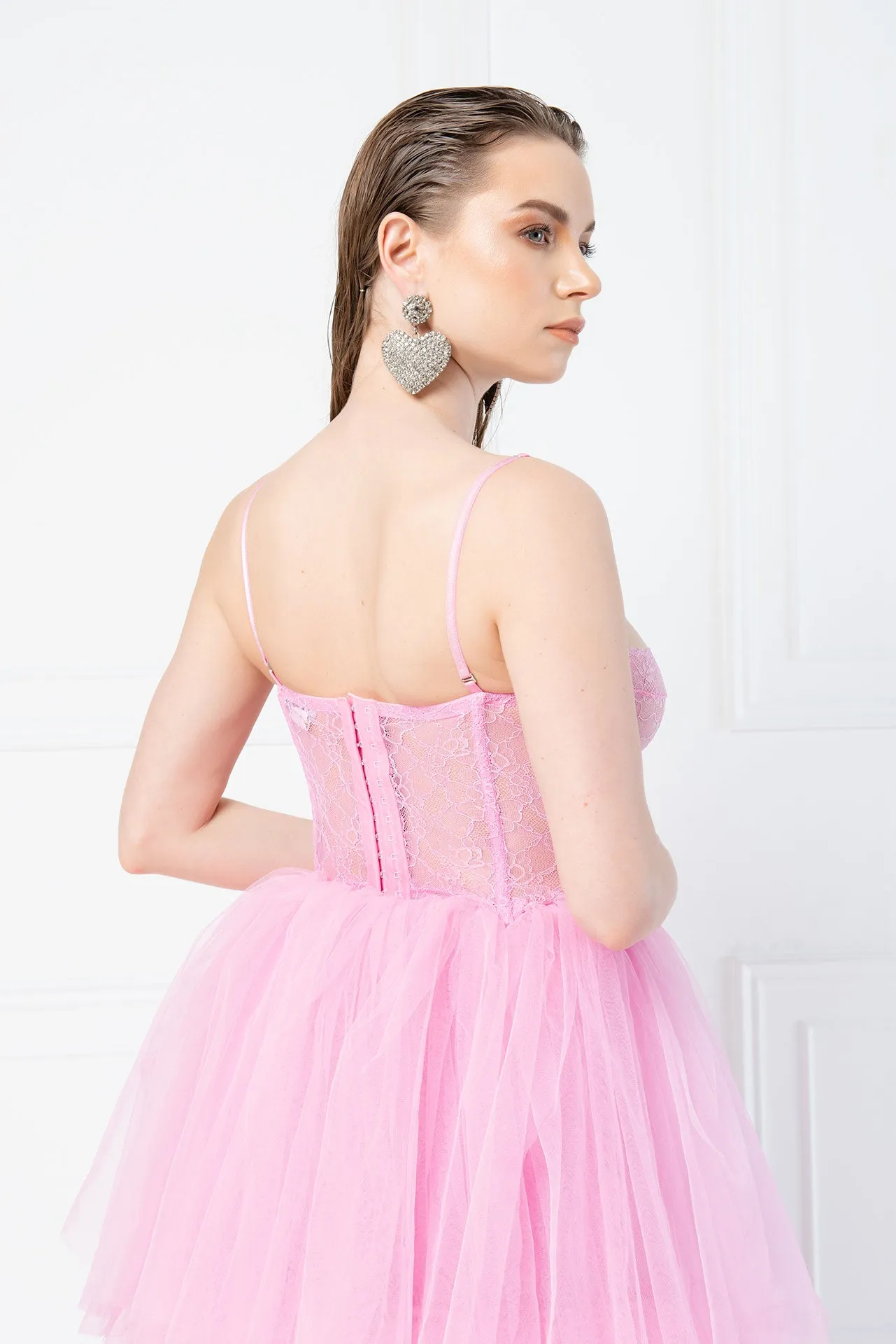 Sheer Lace Boned Bustier - Bubblegum