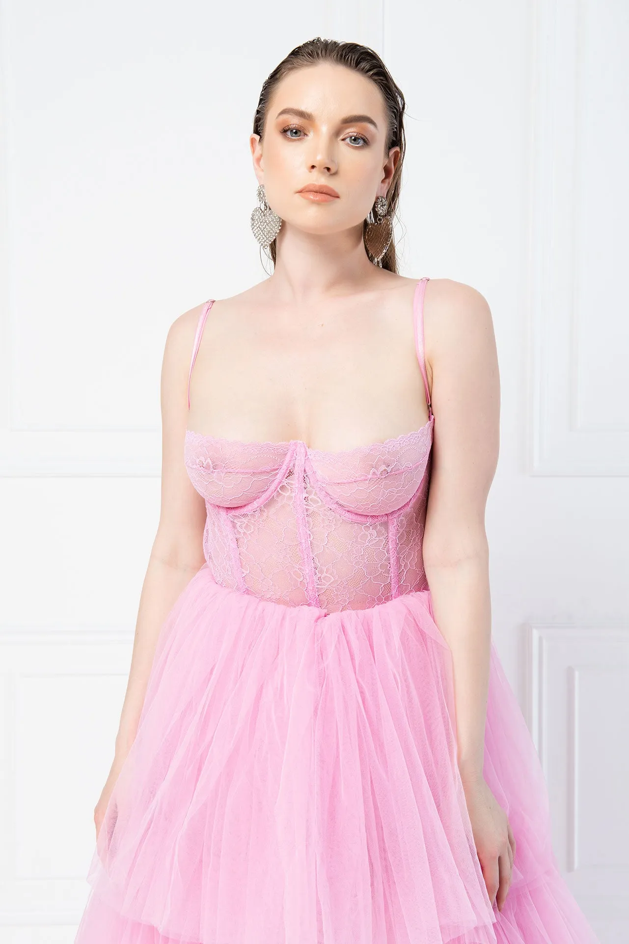 Sheer Lace Boned Bustier - Bubblegum