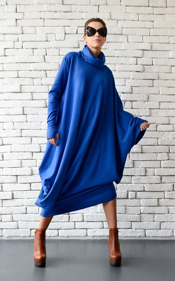 Soft Loose Turtleneck Dress In Royal Blue