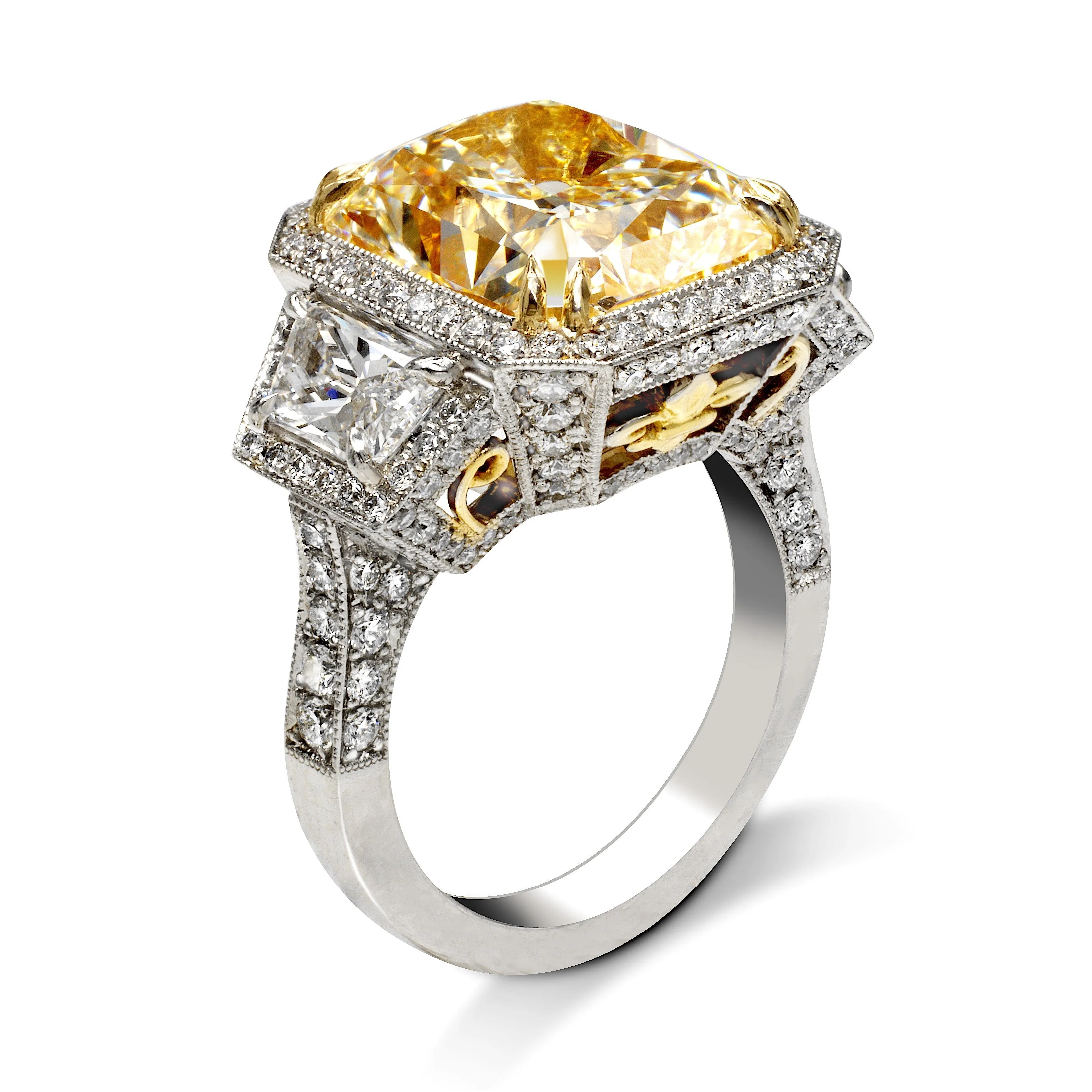 SOL 13 CARAT RADIANT CUT FANCY YELLOW COLOR VS2 CLARITY DIAMOND ENGAGEMENT RING PLATINUM GIA CERTIFIED 10 CT FY VS2 BY MIKE NEKTA