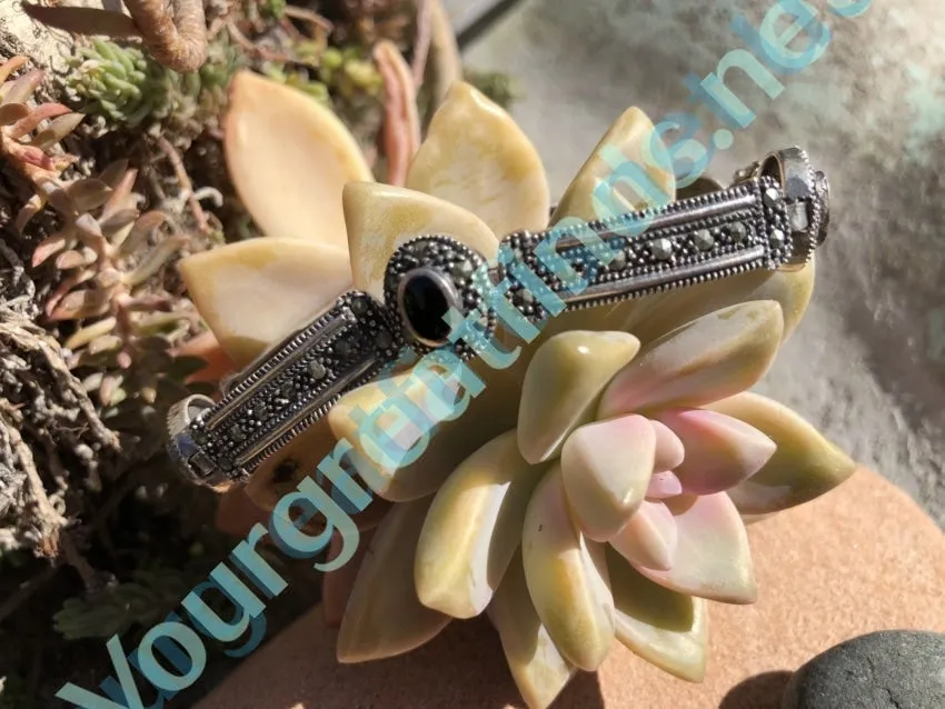 Sterling Silver Panel Bracelet with Marcasite and Black Enamel