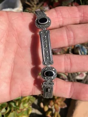 Sterling Silver Panel Bracelet with Marcasite and Black Enamel