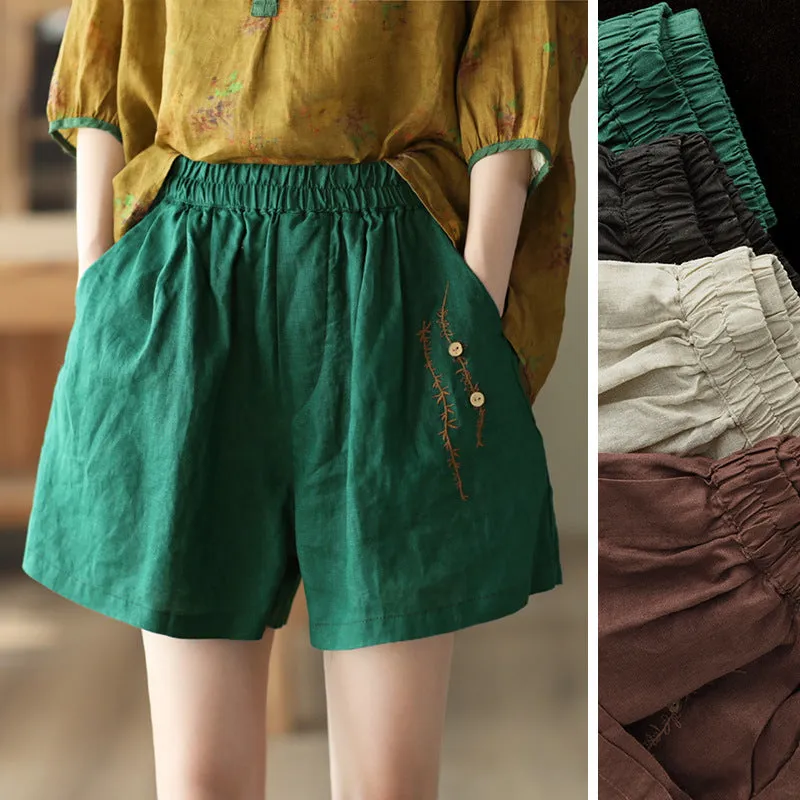 Summer Retro Embroidery Linen Loose Casual Shorts