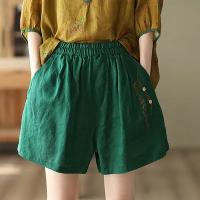 Summer Retro Embroidery Linen Loose Casual Shorts