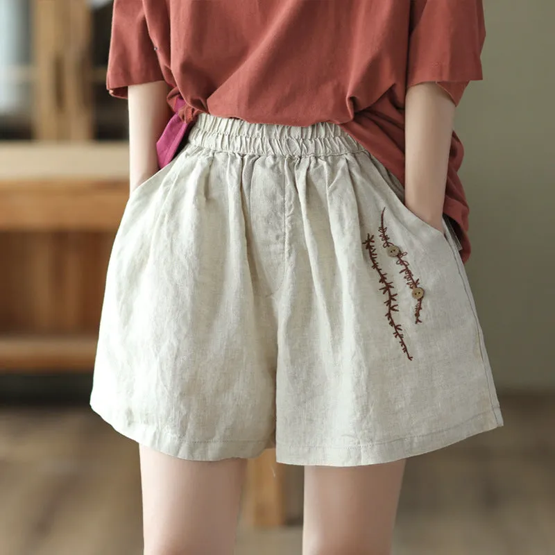 Summer Retro Embroidery Linen Loose Casual Shorts