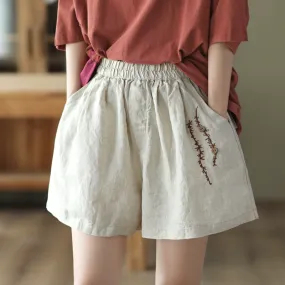 Summer Retro Embroidery Linen Loose Casual Shorts