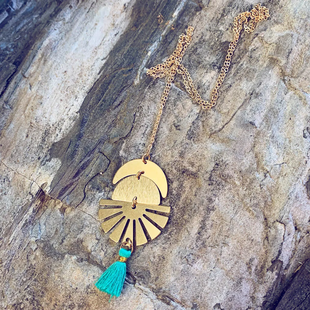 sun up sun down // crescent moon, sun rays & tassel drop necklace