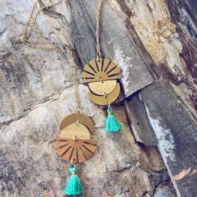 sun up sun down // crescent moon, sun rays & tassel drop necklace