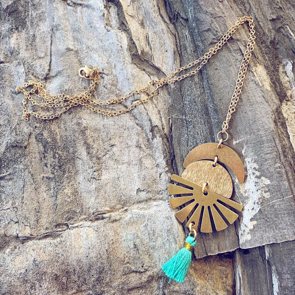 sun up sun down // crescent moon, sun rays & tassel drop necklace