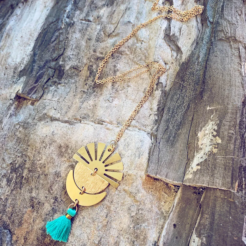 sun up sun down // crescent moon, sun rays & tassel drop necklace