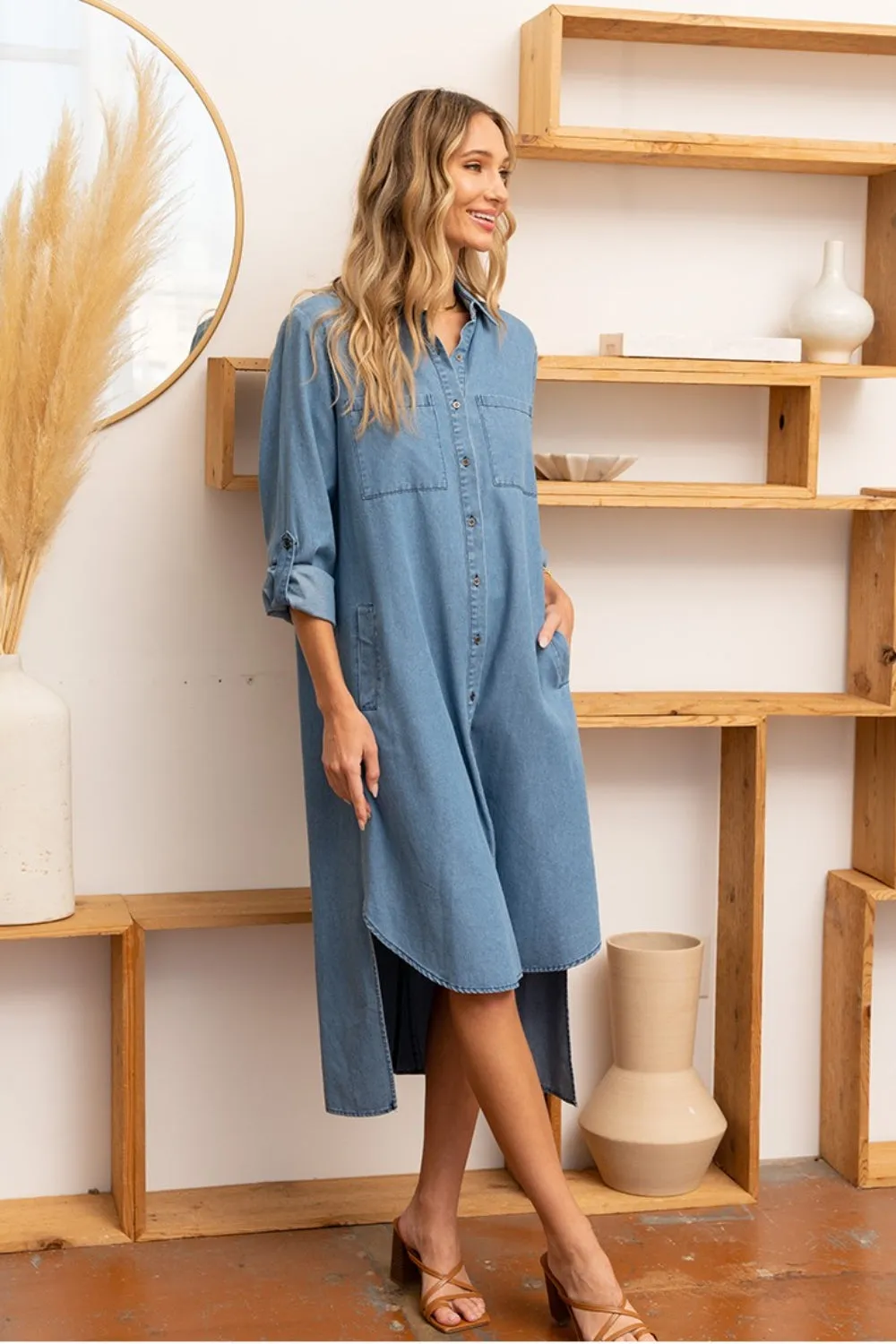 Sunset Vacation Sew In Love High-Low Button Up Roll-Tab Sleeve Denim Dress