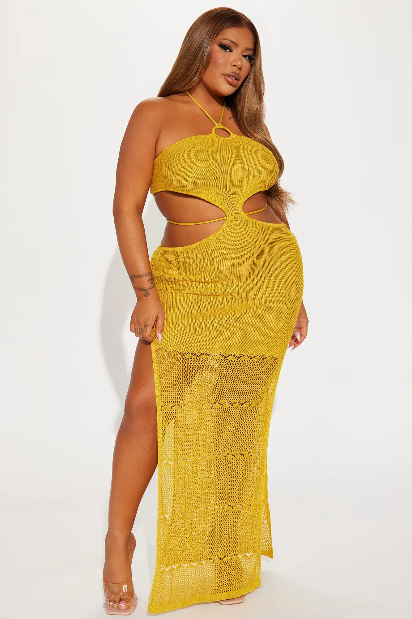 Sunsets In Costa Rica Crochet Maxi Dress - Mustard