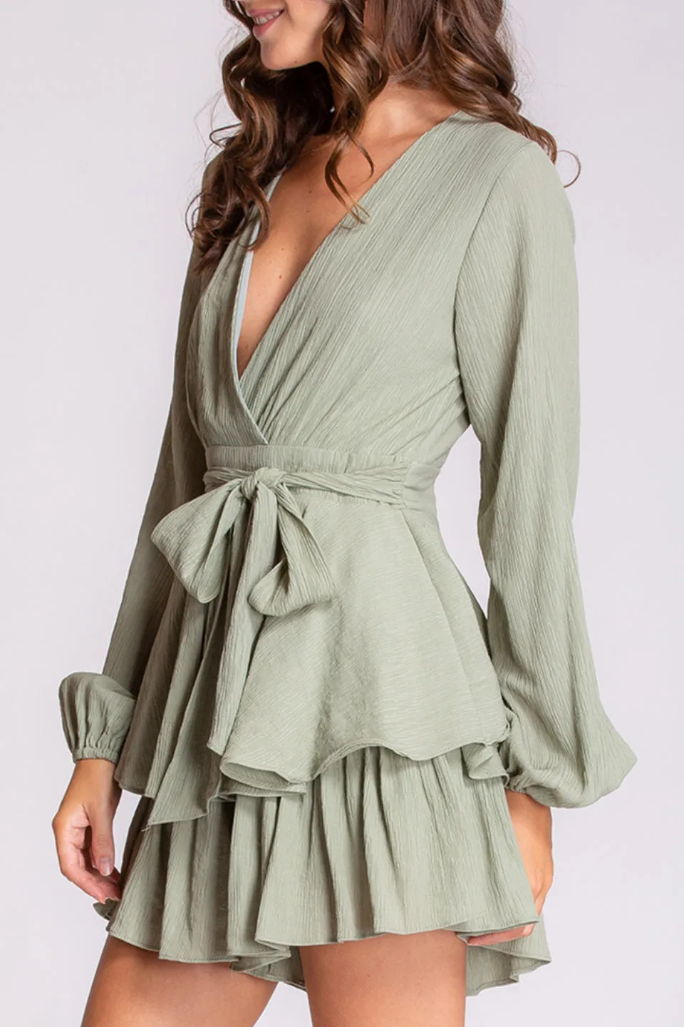 Textured Soft Green LS Ruffle and Bow Playsuit