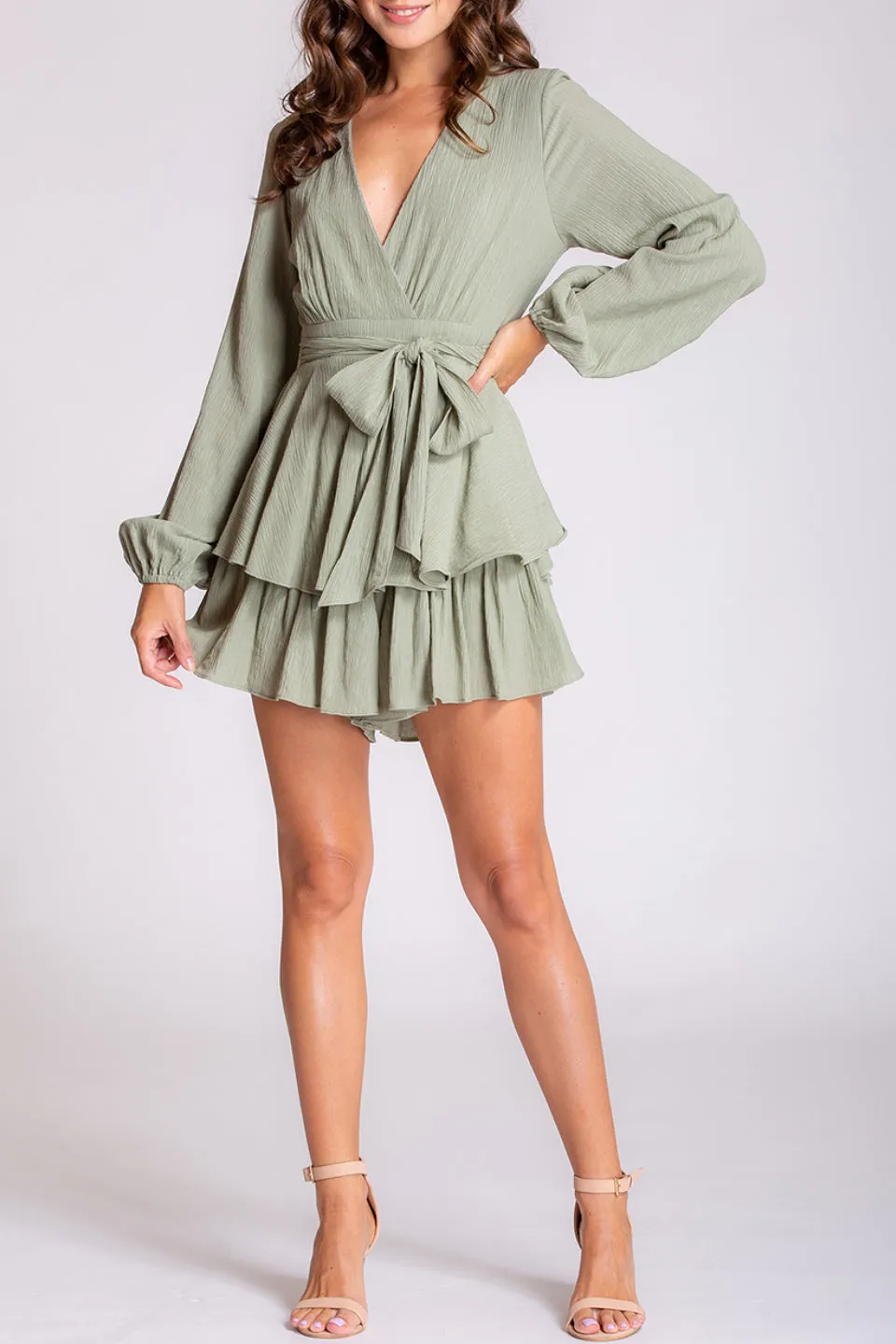 Textured Soft Green LS Ruffle and Bow Playsuit