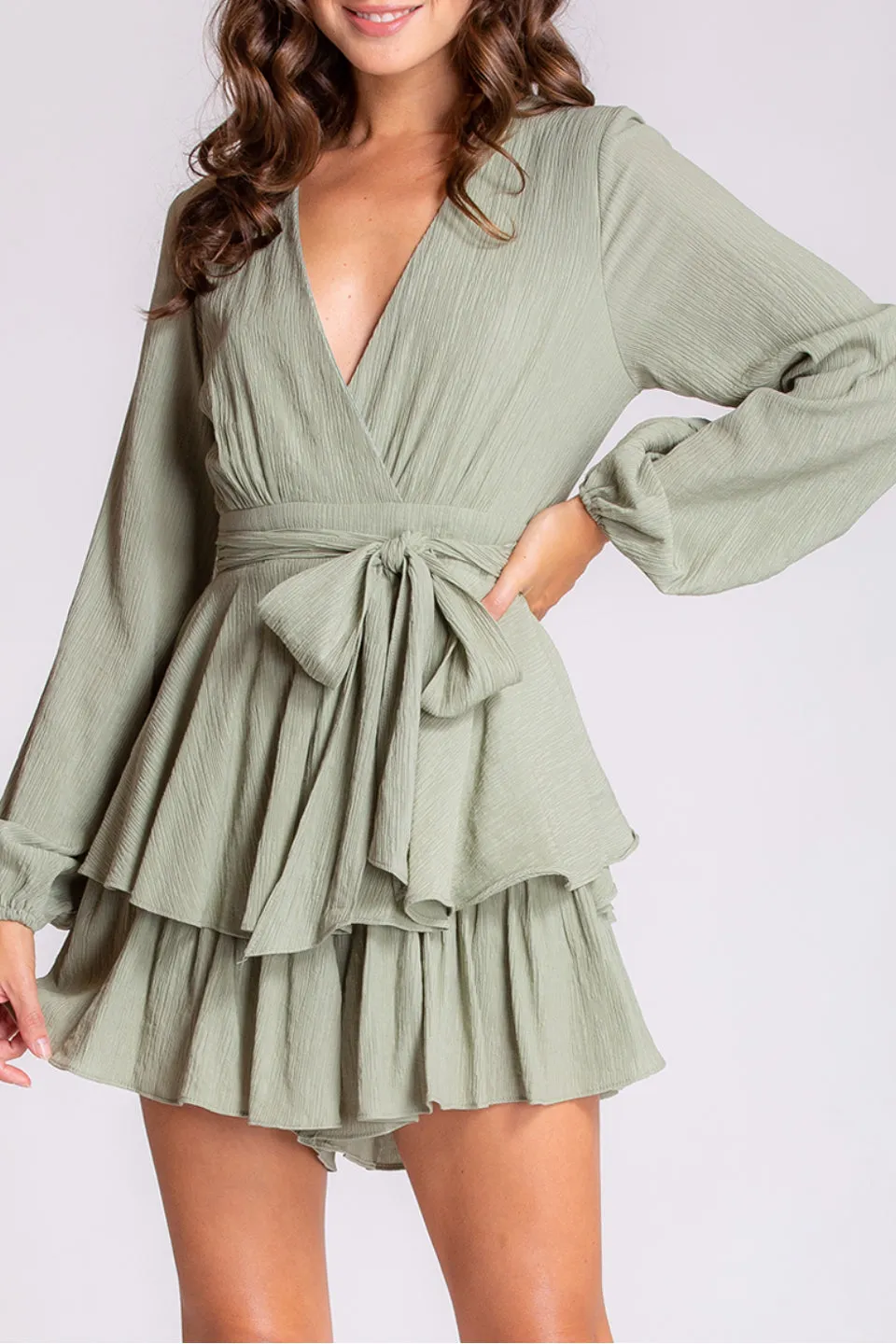 Textured Soft Green LS Ruffle and Bow Playsuit