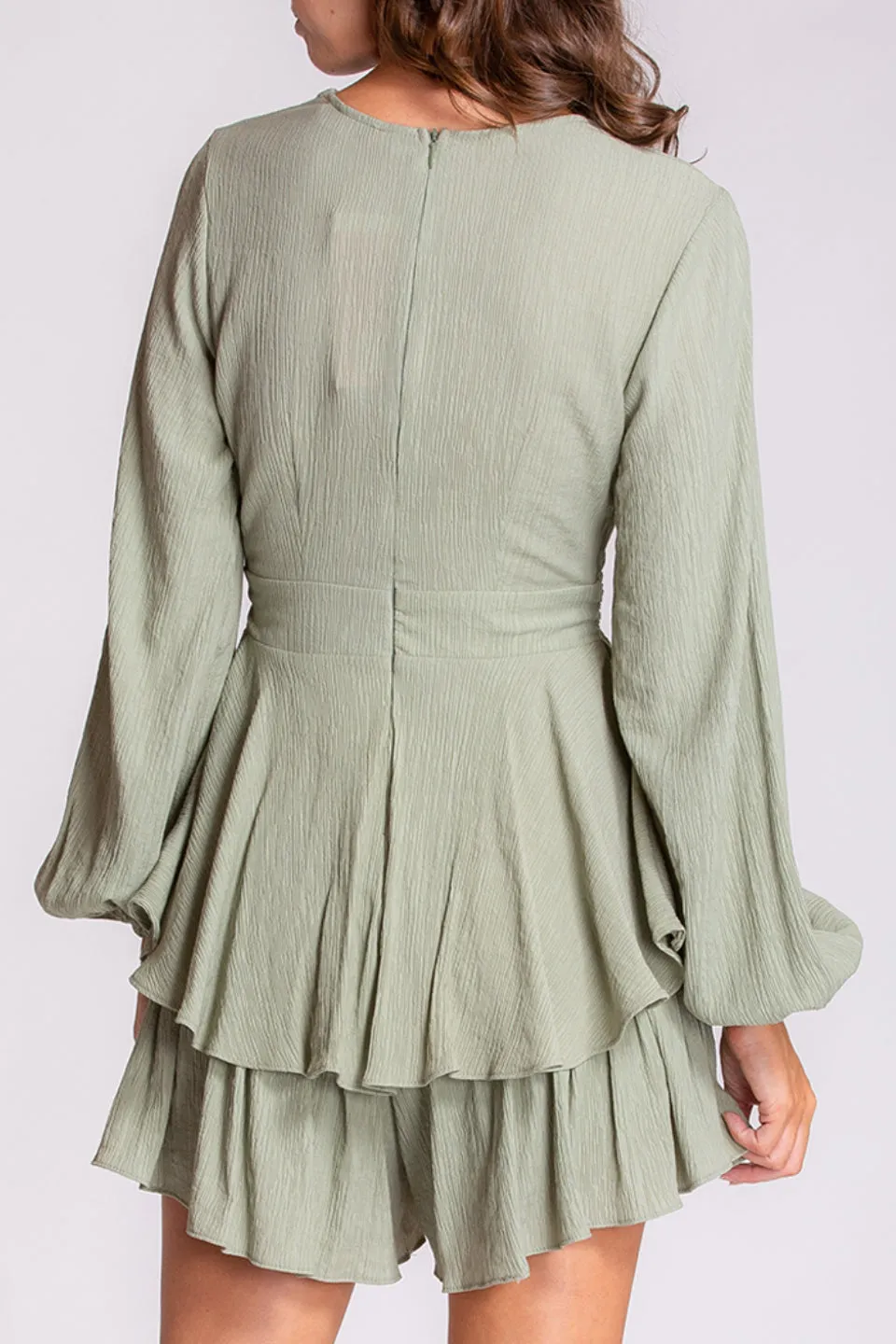 Textured Soft Green LS Ruffle and Bow Playsuit