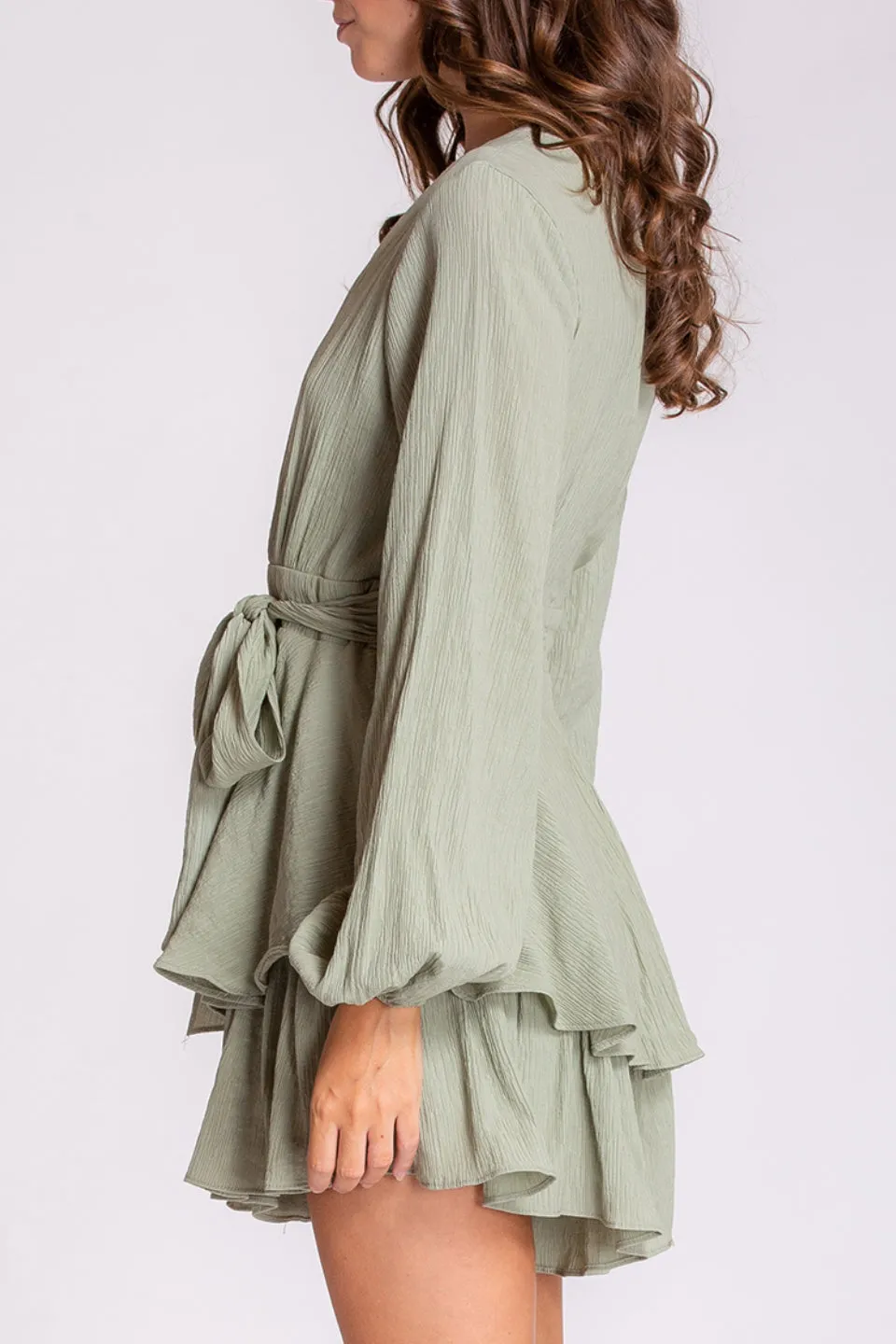 Textured Soft Green LS Ruffle and Bow Playsuit