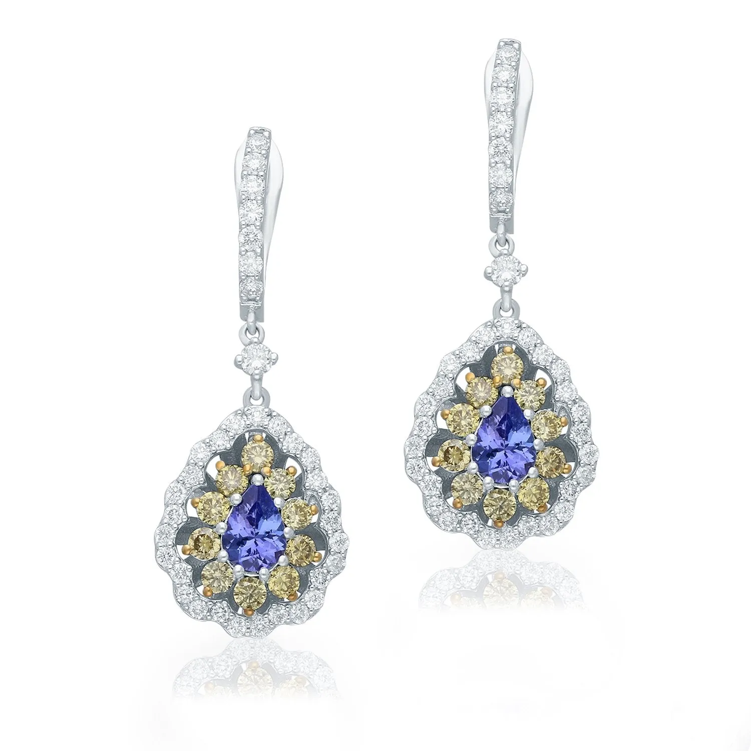 Two Tone Gold Tanzanite with White & Yellow Diamond Renaissance Earrings