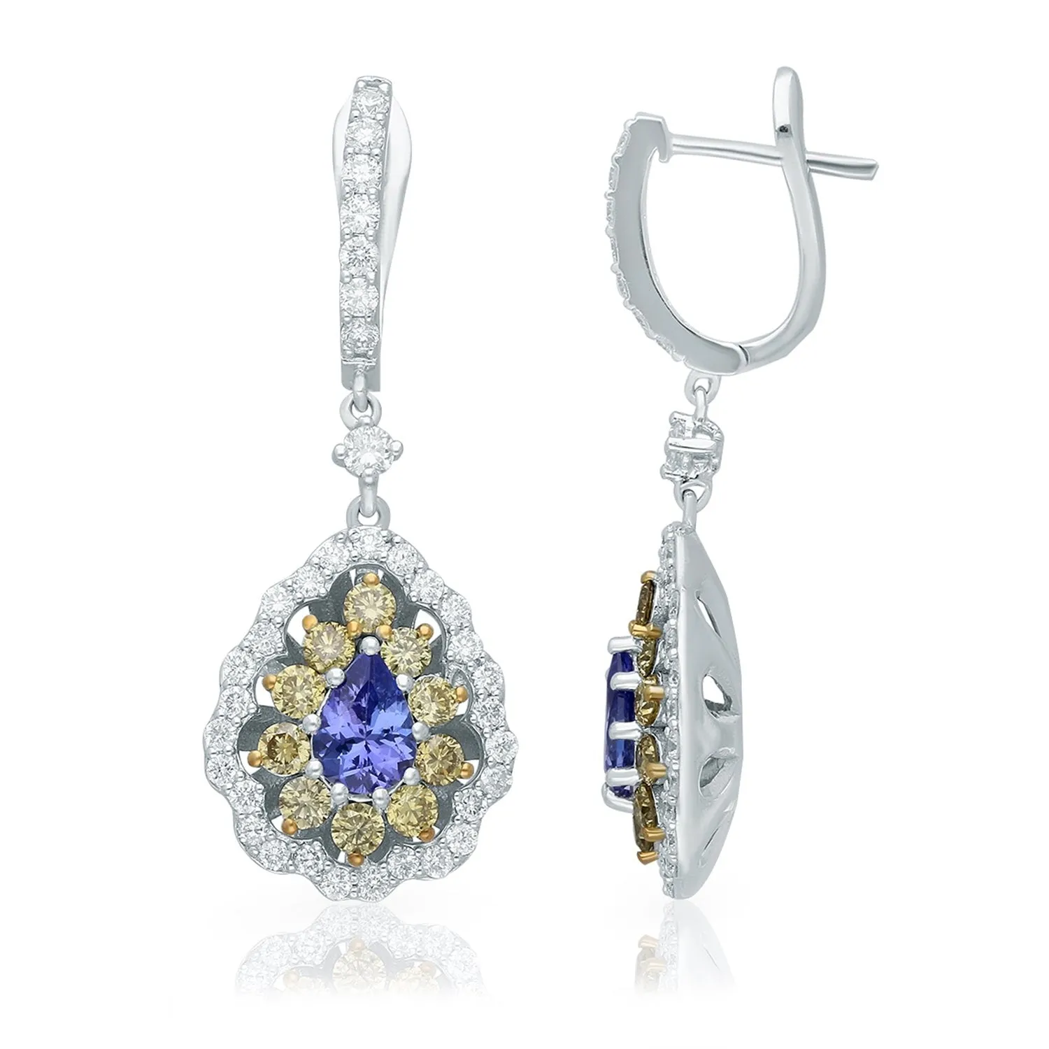 Two Tone Gold Tanzanite with White & Yellow Diamond Renaissance Earrings