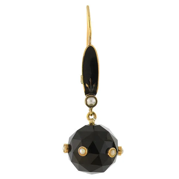 Victorian 14kt Faceted Onyx Sphere   Pearl Enameled Earrings