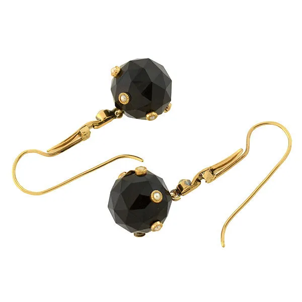 Victorian 14kt Faceted Onyx Sphere   Pearl Enameled Earrings