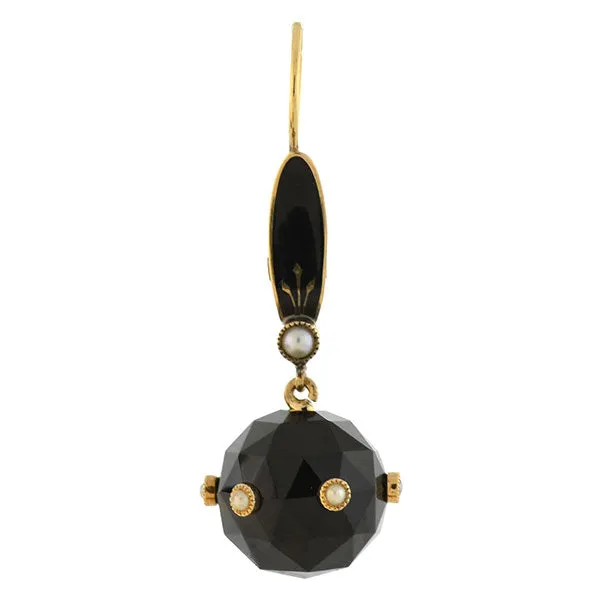 Victorian 14kt Faceted Onyx Sphere   Pearl Enameled Earrings