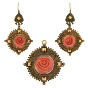 Victorian 18kt Carved Coral Rose Earring & Pin/Pendant Set