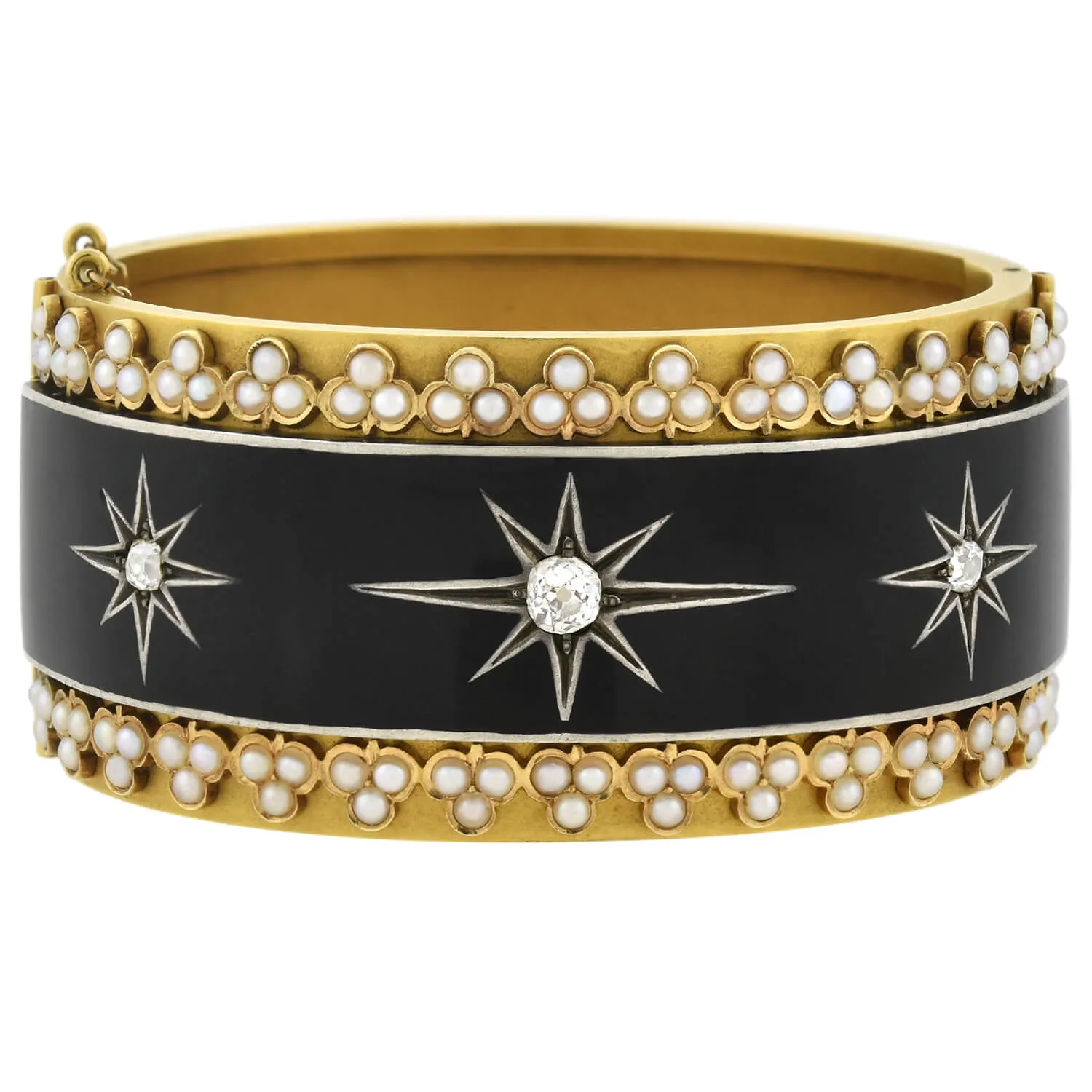 Victorian 18kt Enameled Diamond   Pearl Starburst Motif Bracelet