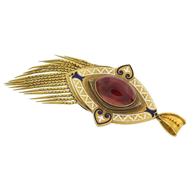 Victorian Large 15kt Garnet & Enamel Foxtail Fringe Pendant