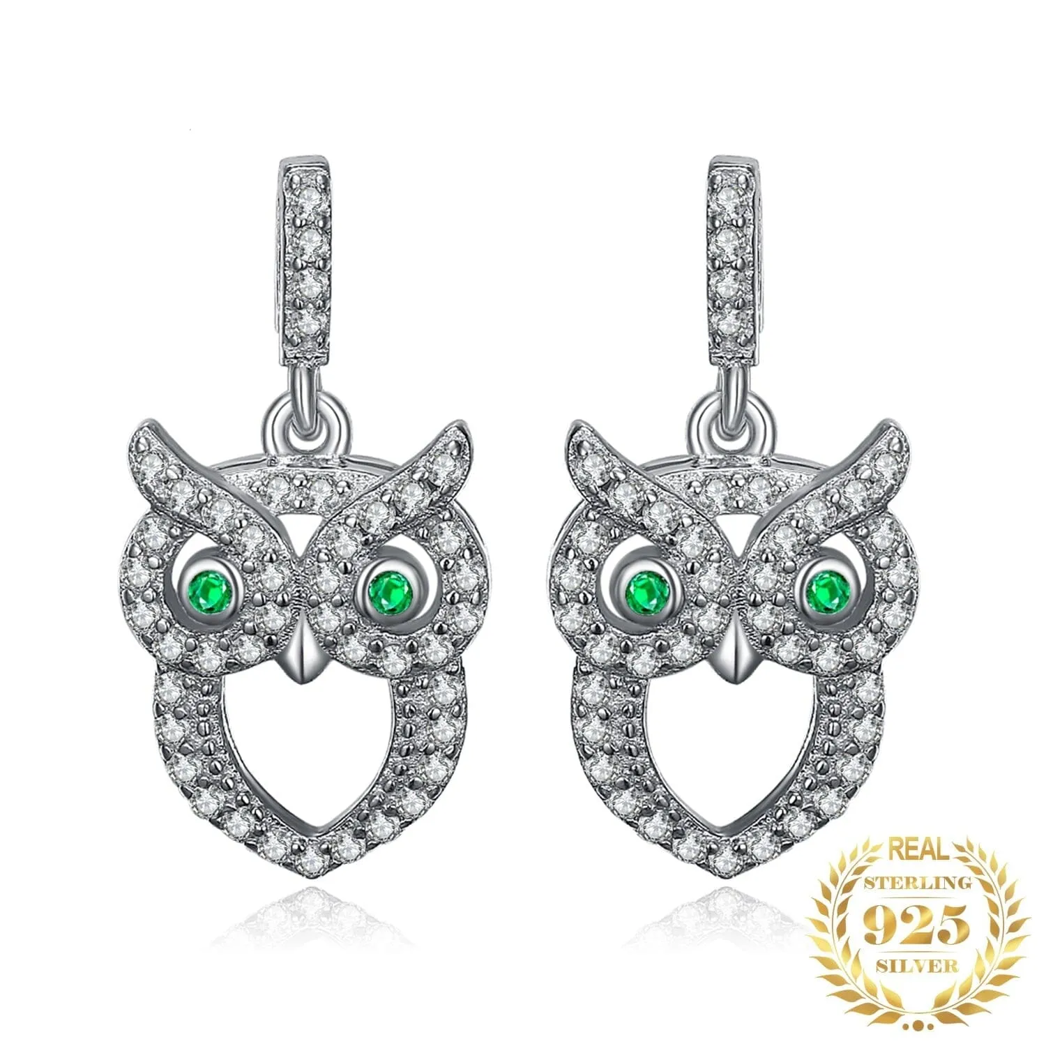 Vintage Owl Simulated Nano Emerald Drop Earrings - 925 Sterling Silver