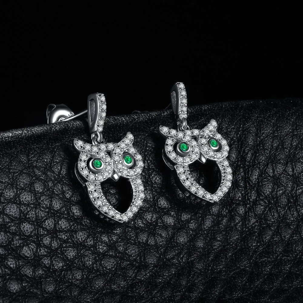 Vintage Owl Simulated Nano Emerald Drop Earrings - 925 Sterling Silver