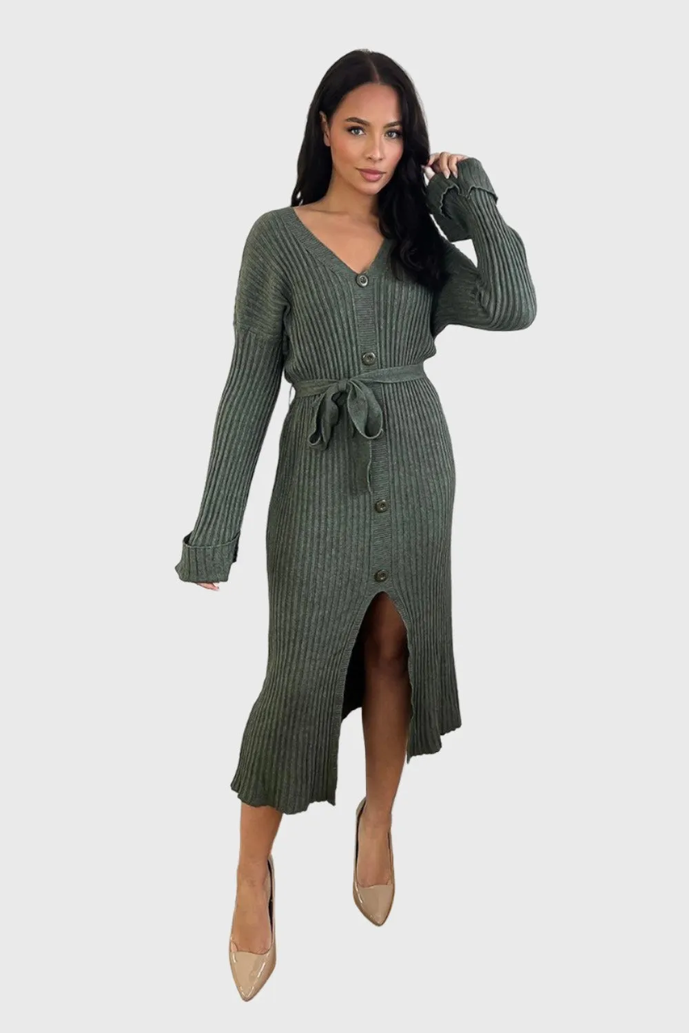 Waist Tie Button Detail Midi Knitted Dress