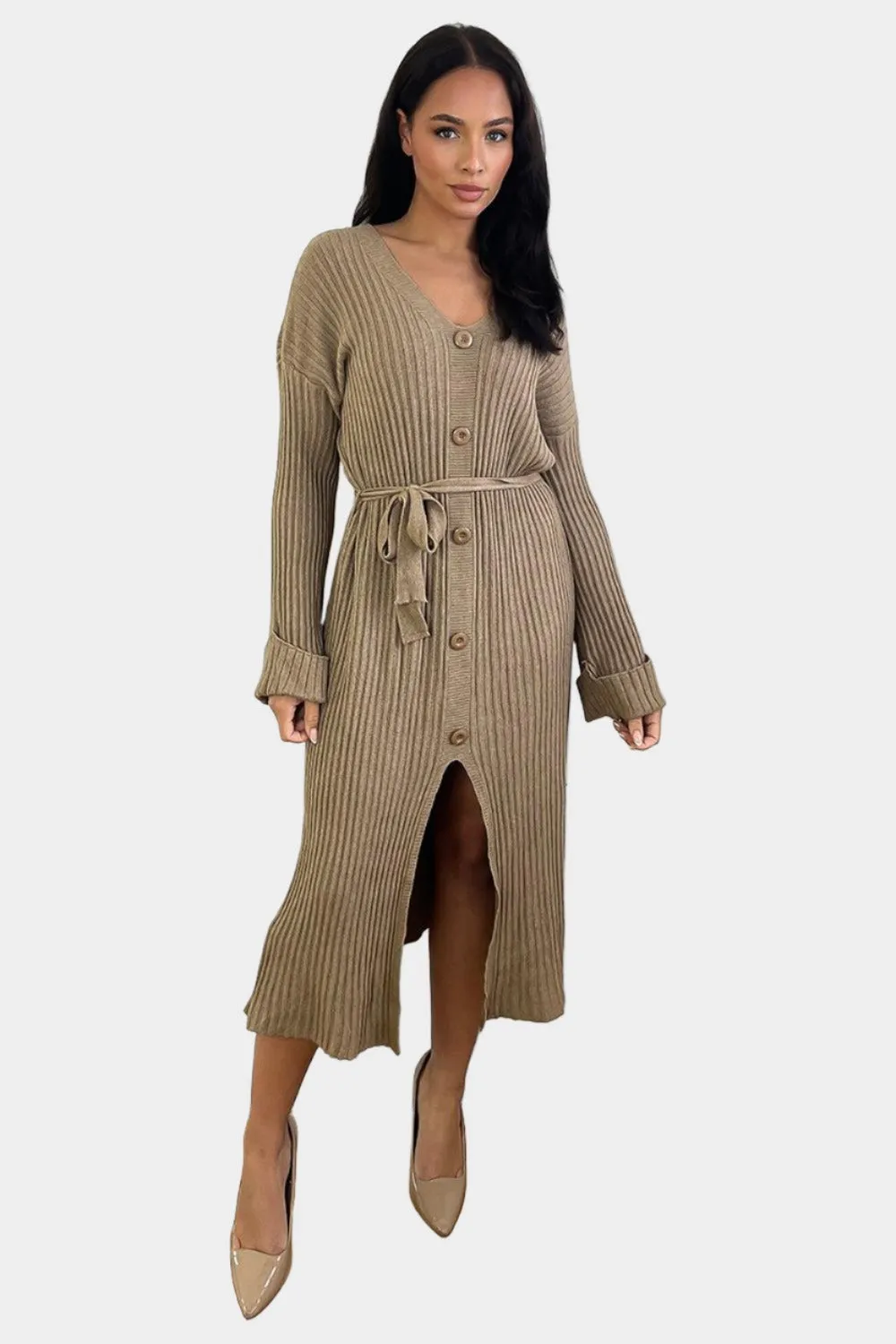 Waist Tie Button Detail Midi Knitted Dress