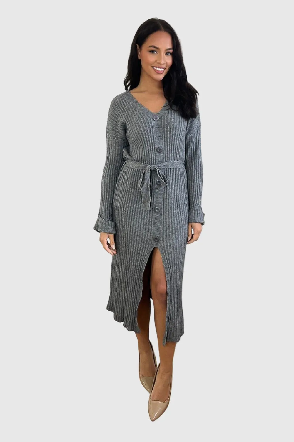 Waist Tie Button Detail Midi Knitted Dress