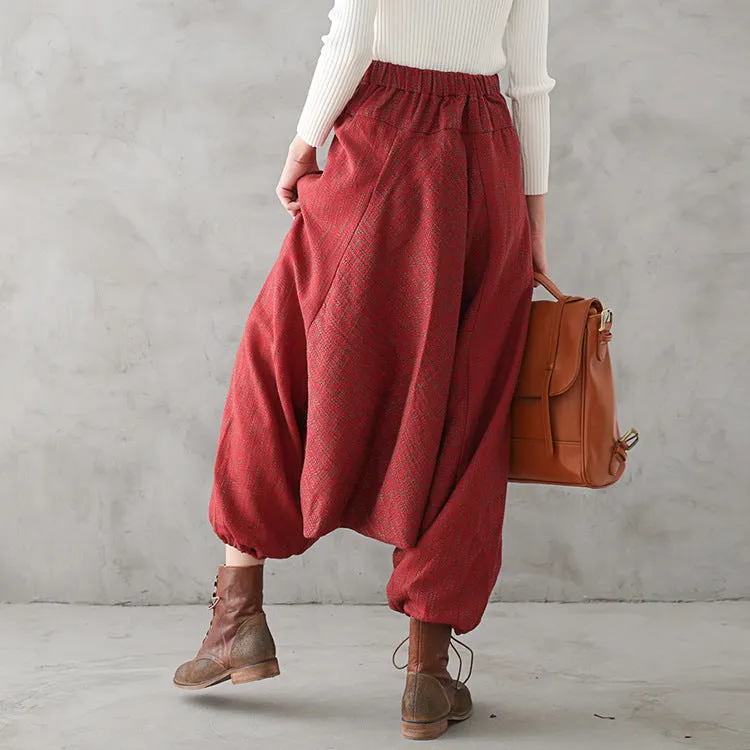 Women Autumn Winter Loose Wide-Leg Cotton Linen Pants