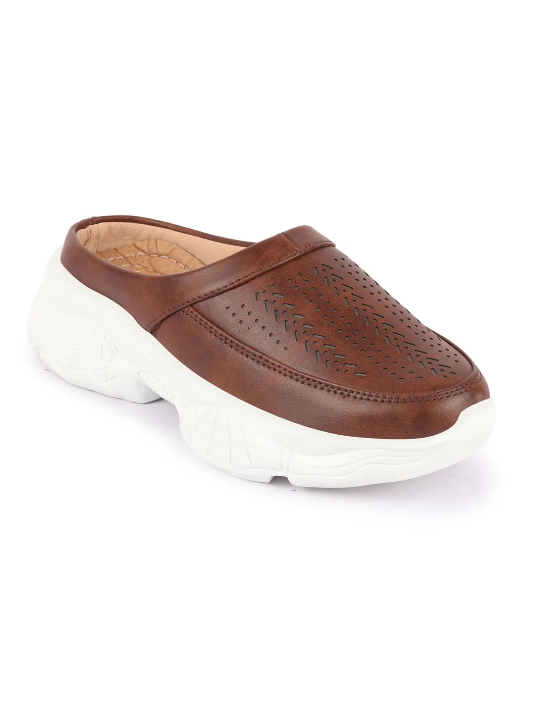 Women Brown Laser Cut Design Stitched Back Open Slip On Mules Shoes