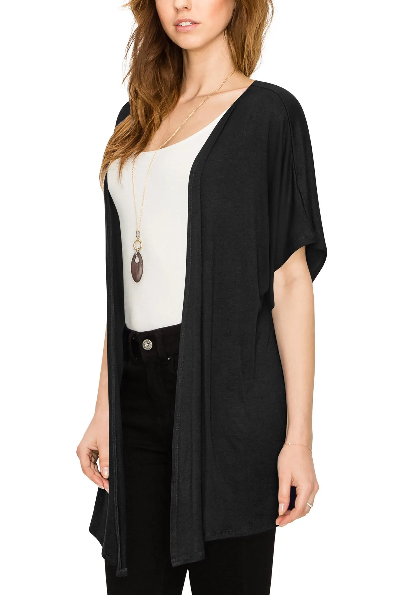 Womens Short Sleeve Open Front Loose Kimono Style Cardigan