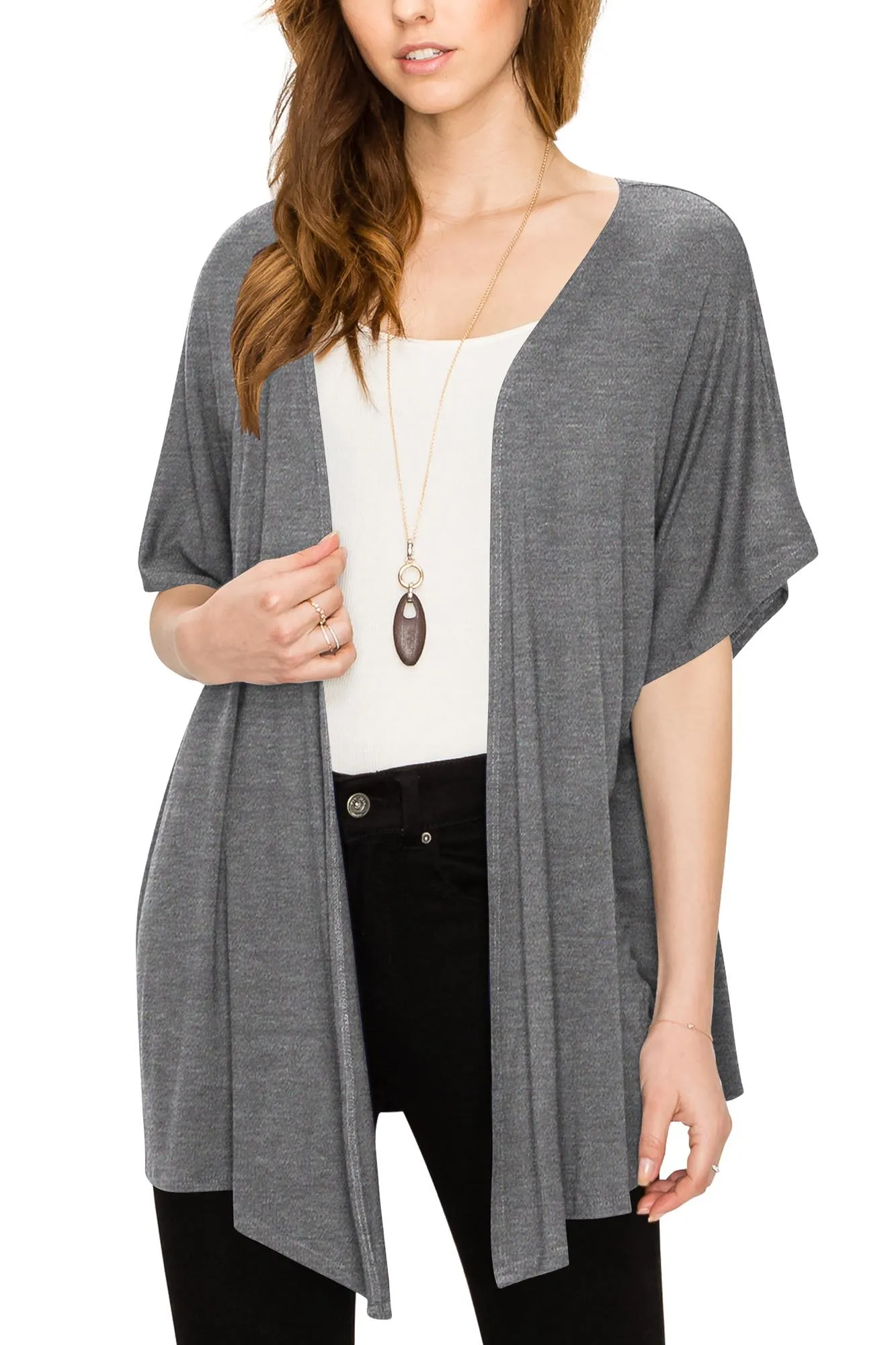 Womens Short Sleeve Open Front Loose Kimono Style Cardigan