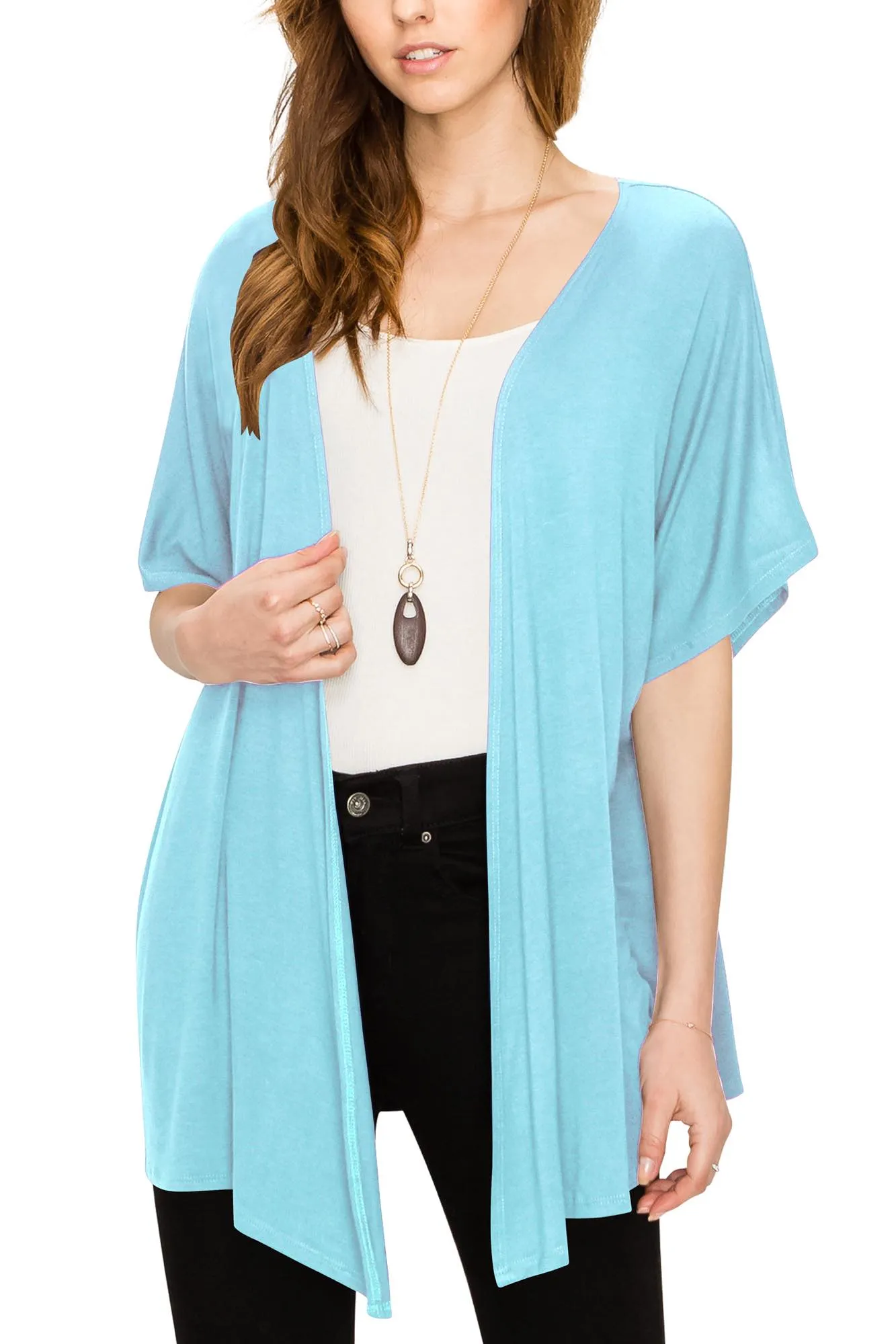 Womens Short Sleeve Open Front Loose Kimono Style Cardigan