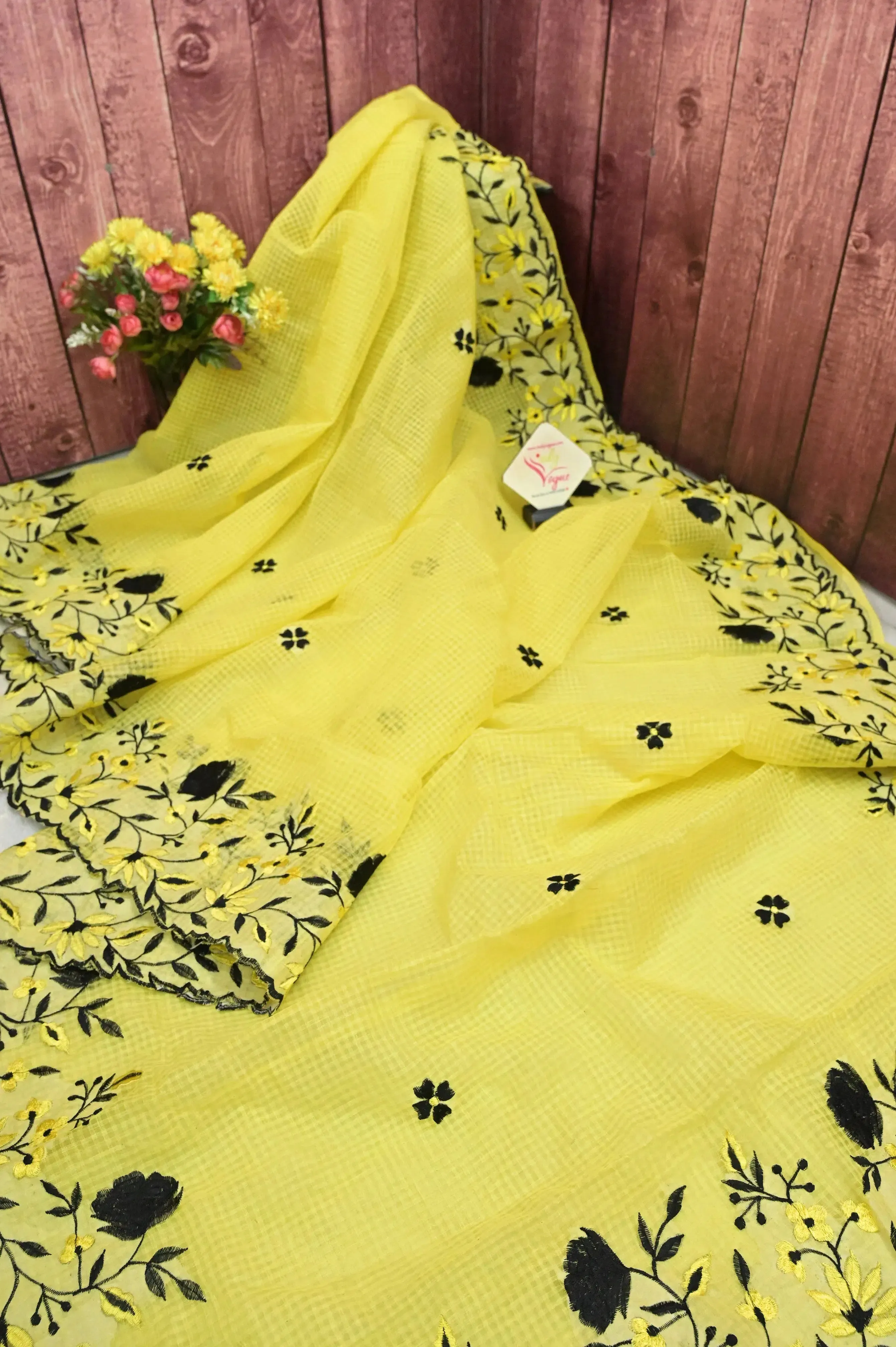 Yellow Color Resham Kota Saree with Embroidery Work and Scallop Border