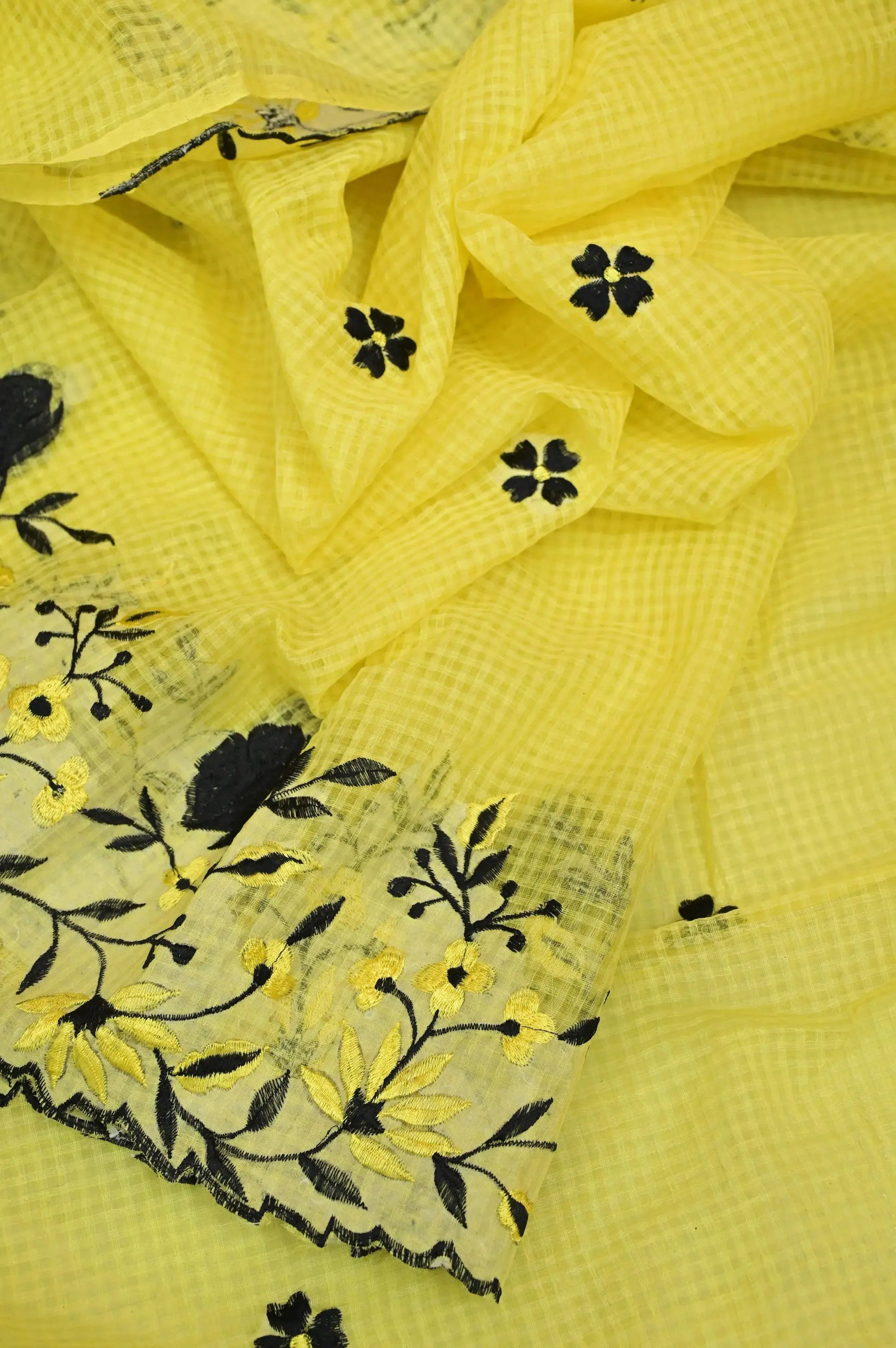 Yellow Color Resham Kota Saree with Embroidery Work and Scallop Border