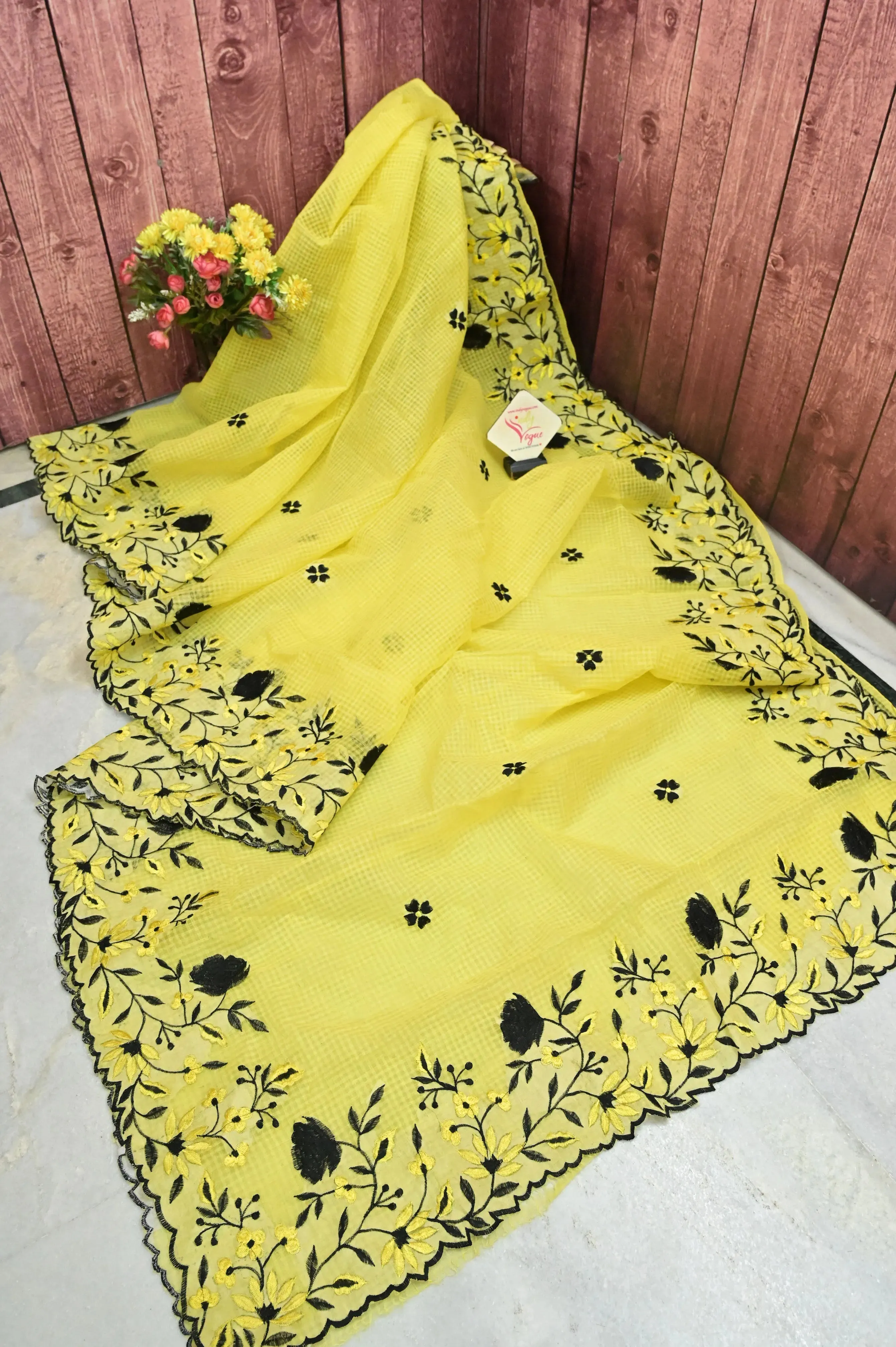 Yellow Color Resham Kota Saree with Embroidery Work and Scallop Border